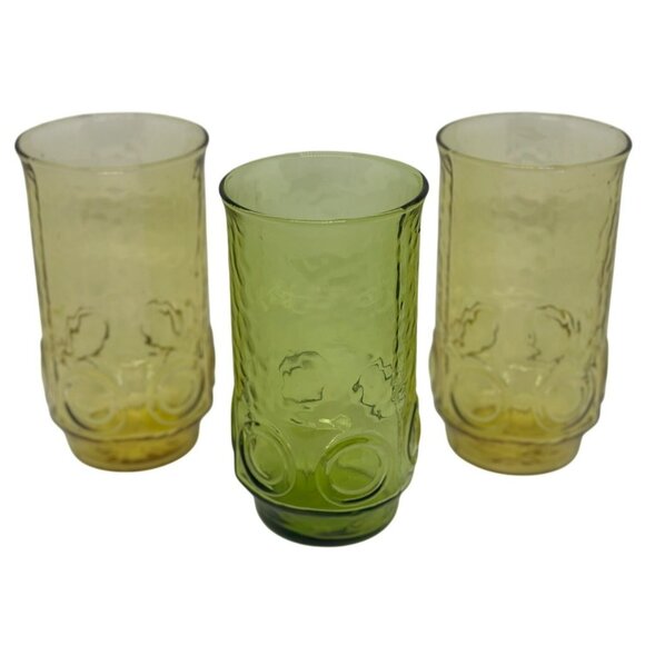 VTG 1970 Anchor Hocking Heritage Hill Amber Green Glasses MCM Set of 3 | 5.5" - Picture 1 of 7